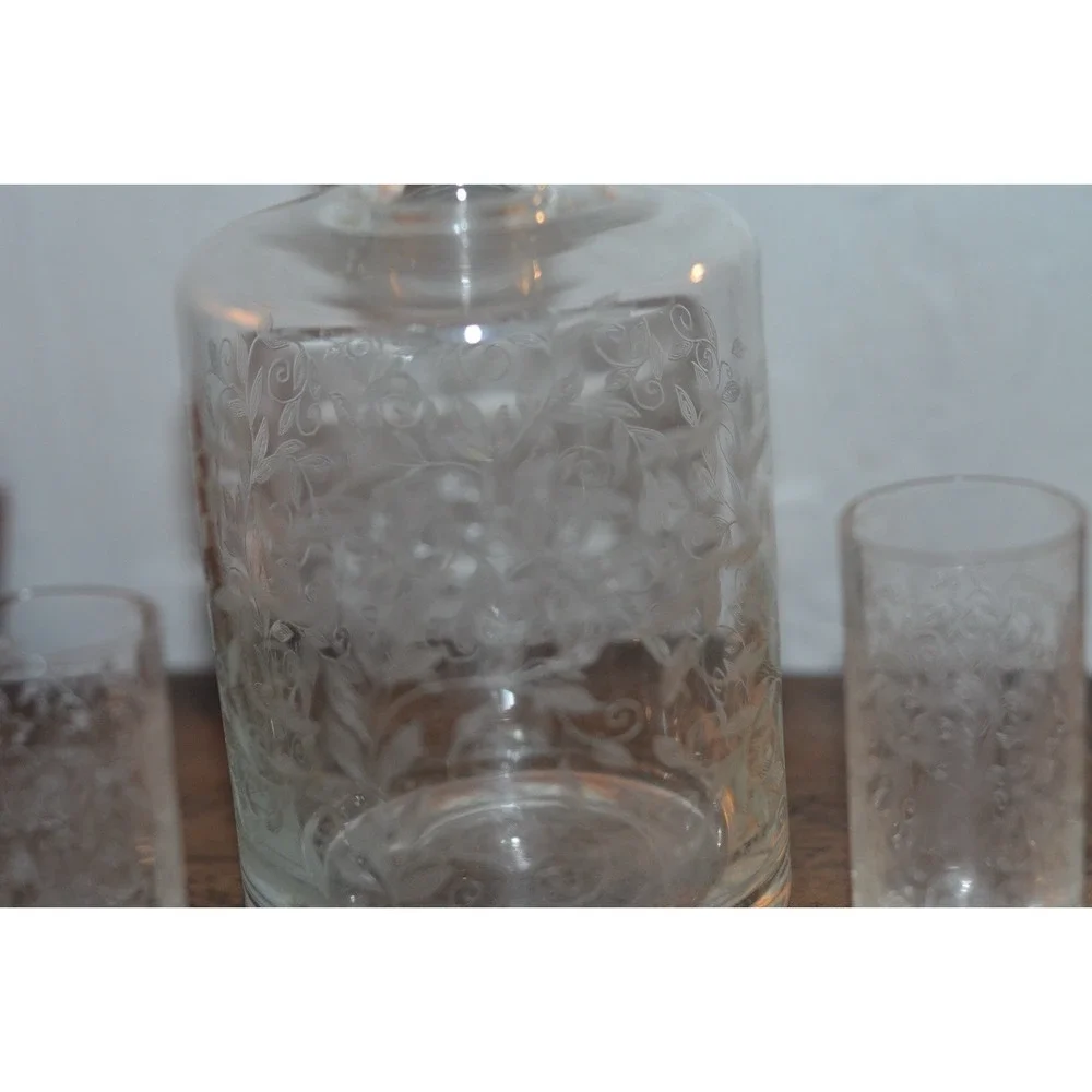 Vintage Etched Glass Liquor Decanter W/ 6 Matching Cordial Glasses- Floral Vine